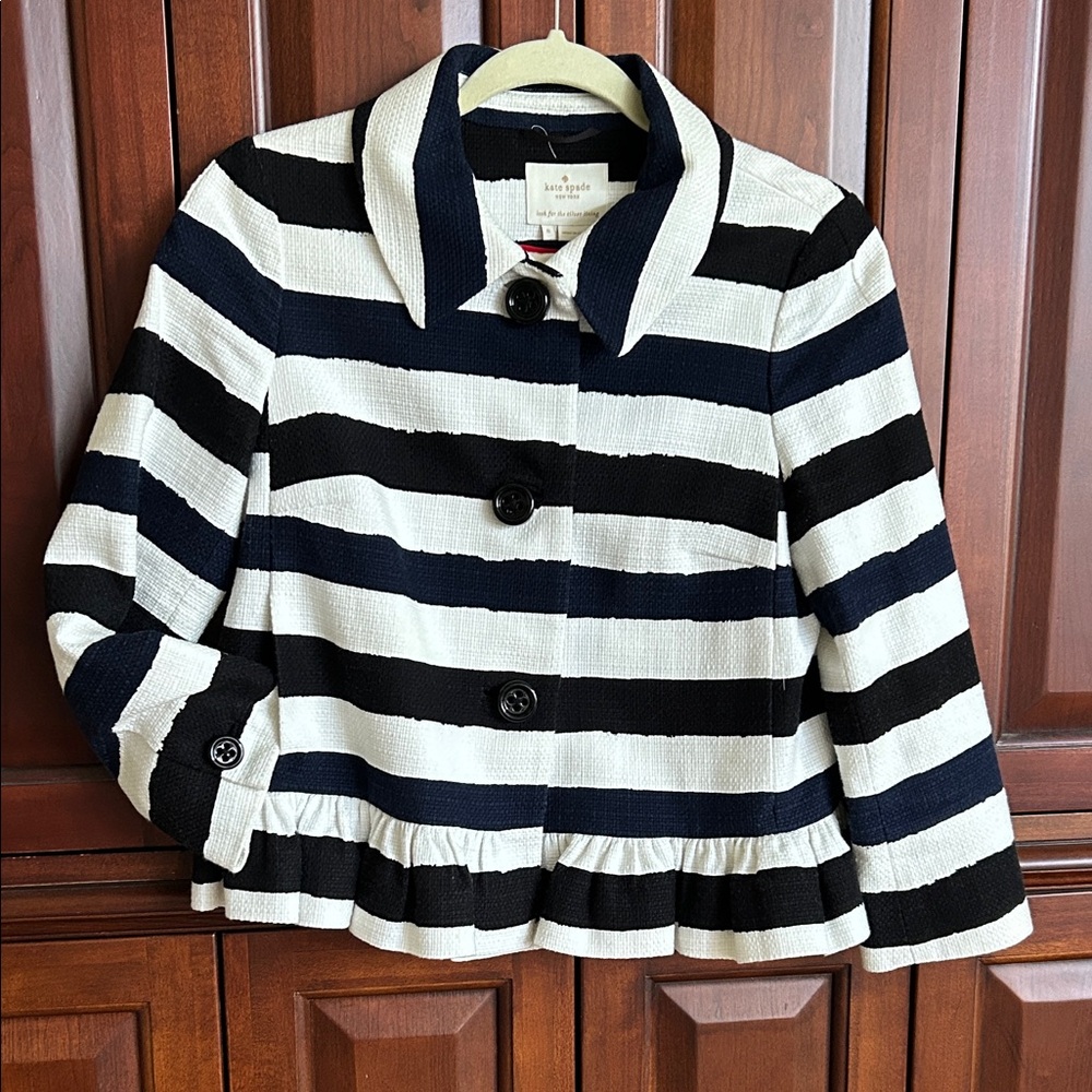 Kate Spade women’s’ Black & White Striped Peplum Jacket- All Aboard Ari jacket.